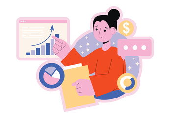 Business process round concept with people scene in the flat cartoon design. Business analyst monitors the growth and decline of some company indicators. Vector illustration.