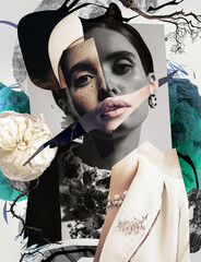 Collage of women's portraits in black and white jacket and white peony