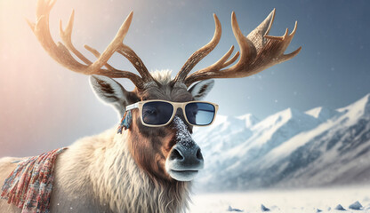 Closeup of  Reindeer wearing sunglasses premium portrait with massive antlers, Snow in the background, HD,4K, Animal Wallpaper, Reindeer Background, cute Reindeer, AI