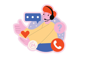 Support round concept with people scene in the flat cartoon design. Support center employee try to help people by phone. Vector illustration.