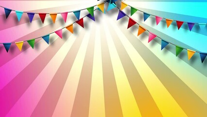 Animation of Colorful paper bunting party flags the Colorful celebration flags in rows against vivid with rotation of lighting background. For carnival and celebrate promotion concept. With copy space