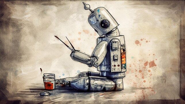 Robot drawing masterpiece on canvas ai artist bot painter generative ai