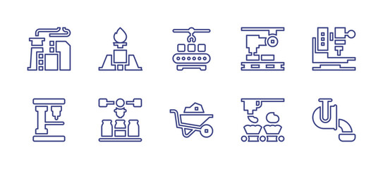 Industry line icon set. Editable stroke. Vector illustration. Containing oil refinery, oil well, conveyor, robot arm, drilling machine, milk, wheelbarrow, process, metallurgy.