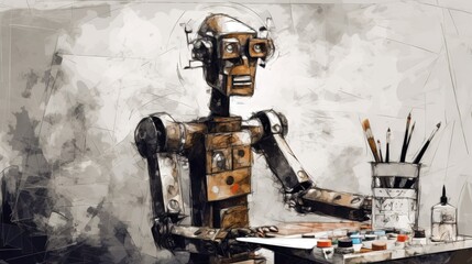 Robot drawing masterpiece on canvas ai artist bot painter generative ai	
