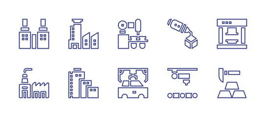 Industry line icon set. Editable stroke. Vector illustration. Containing manufacturer, factory, laboratory, press, car manufacturing, gold mine.