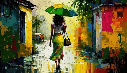 paint like illustration of an African woman walking on street on raining day, Generative Ai - obrazy, fototapety, plakaty