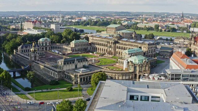 Drone shot of the Dresden Zwinger in the Summer. Drone move forward