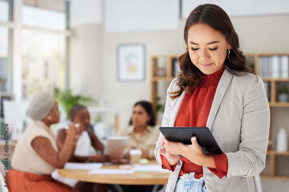 Poster Asian, business woman and tablet, leadership and technology, presentation and speaker with team leader. Corporate female, check digital device in meeting with professional mindset and internet search