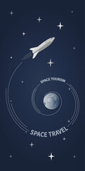 Space tourism. Planet Earth. Space travel. Vector starship leaves the orbit of the planet Earth.
