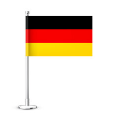Realistic German table flag on a chrome steel pole. Souvenir from Germany. Desk flag made of paper or fabric and shiny metal stand. Mockup for promotion and advertising. Vector illustration