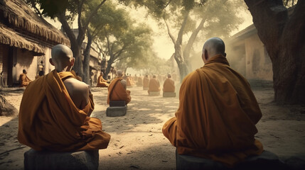 Buddhist Monks sitting on the outdoor. Generative Ai - obrazy, fototapety, plakaty