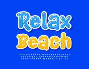 Vector creative banner Relax Beach with Blue Alphabet Letters, Numbers and Symbols set. Artistic modern Font