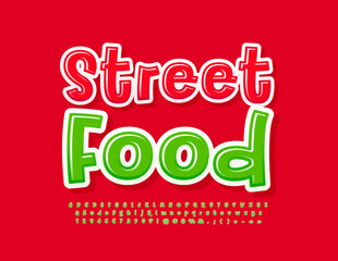 Vector funny Emblem Street Food with Green Font. Bright glossy Alphabet Letters and Numbers set