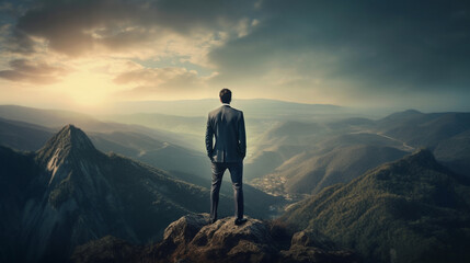 Businessman standing on top of a mountain and looking at the valley. Generative Ai