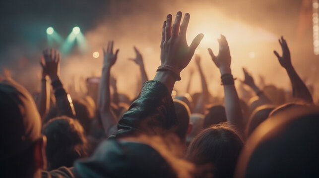 Crowd at a music festival with raised hands in front of the stage. Generative Ai