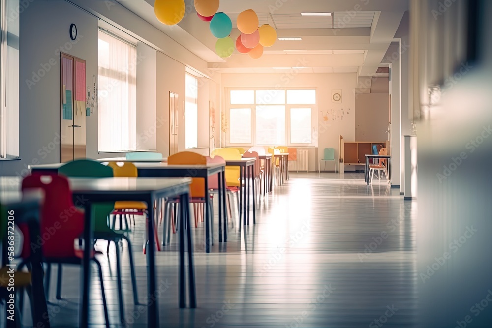 Poster blur abstract background of kindergarten classroom. blurred image of empty elementary room. blurry v