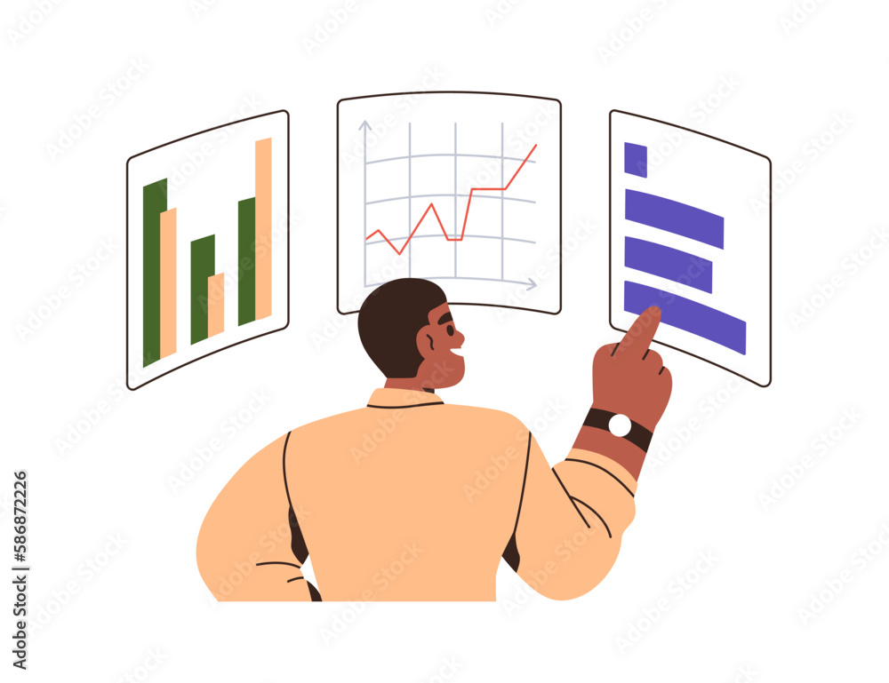 Poster Business data and statistics analysis concept. Company performance information with diagrams. Businessman analyzing benchmark comparing graphs. Flat vector illustration isolated on white background