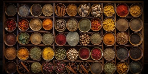 A vast array of different spices. Top view set of species colorfully food photo style by  generative ai
