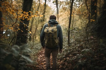 Fototapeta na wymiar sustainable tourism concept, a man walking on forest trail, Generative Ai