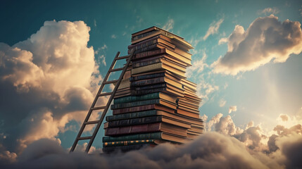 Stack of books and ladder. Generative Ai