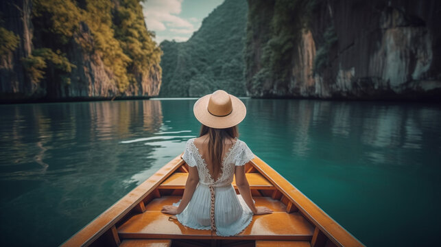 Beautiful young woman in white dress and hat on a boat in the sea. Generative Ai