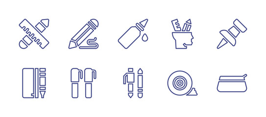 Stationery line icon set. Editable stroke. Vector illustration. Containing school material, drawing, glue, graphic design, push pin, pencil case, pen, scotch tape.