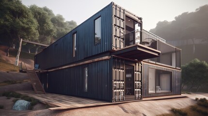 concept of sustainability and recycle , container box remake as restaurant, office or house or hotel, landscape of natural green as background, Generative Ai