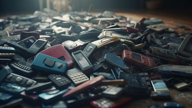 Pile of old mobile phones in a junkyard. Generative Ai