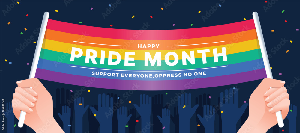 Poster pride month - two hands hold colorful rainbow flag with text and hands raised ribbon fireworks aroun