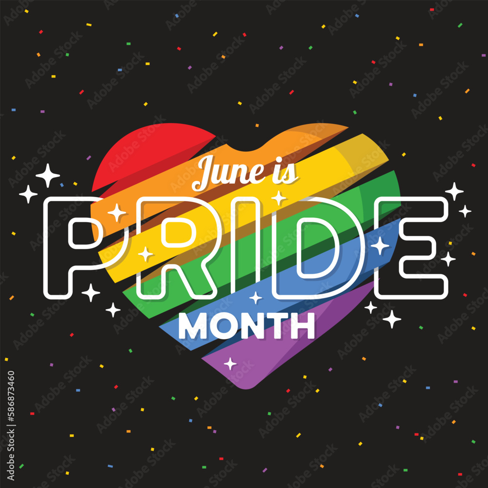 Poster june is pride month text on colorful rainbow striped heart rolling and ribbon fireworks around on bl