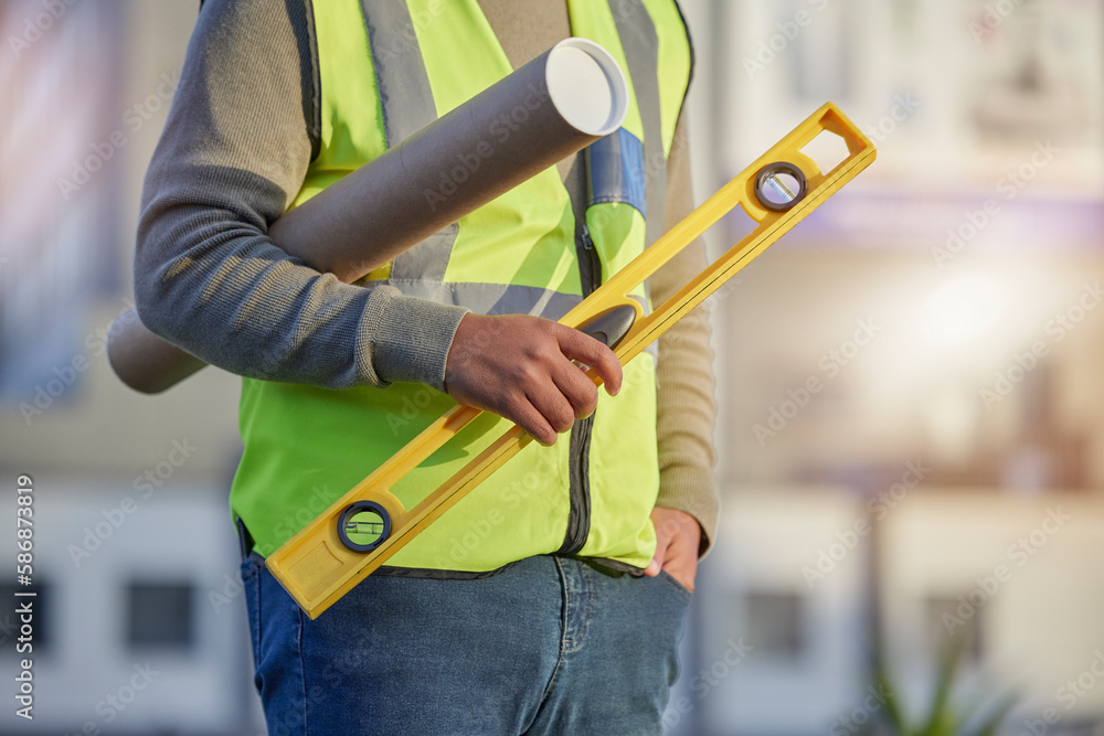 Poster man hands, level and architect blueprint, real estate developer or property contractor for building 