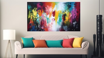 abstract color splash picture hanging on living room wall , minimal modern interior , mockup idea, Generative Ai