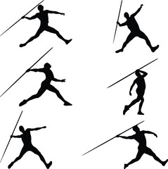 Fototapeta premium set black silhouette athlete javelin throw on white background, summer olympic sports, vector illustration