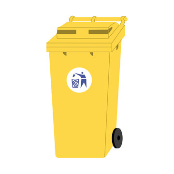 Yellow Plastic waste container on wheels. Containers for waste disposal. Garbage bins. Design for waste collection companies. City cleaning. Flat style in vector illustration. Isolated objects.
