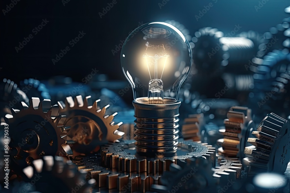 Poster light bulb integrated with a pile of gears, symbolizing innovation and creativity in problem-solving