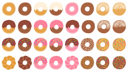 色々なドーナツのイラストセット。フラットなベクターイラスト。
Illustration set of various donuts. Flat designed vector illustrations.