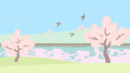 春の公園。桜吹雪と水鳥。フラットなベクター背景イラスト。
Spring park with cherry blossom petals and waterfowls. Flat designed vector background illustration.