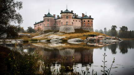 Fototapeta na wymiar Lacko Castle on Kallandso. Beautiful Scandinavian scenery of Sweden. Generative AI