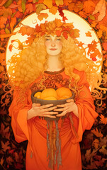 Spirit of Mabon, a woman surrounded autumn Leaves and holding fruits representing Autumn Equinox. Generative AI