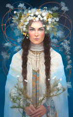 Spirit of Imbolc, a woman with white flowers representing Candlemas. Generative AI