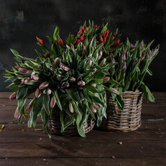 wicker baskets with tulips on a wooden floor