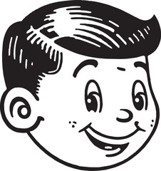 Vintage kids 60s style young kids . Retro comics black and white ink drawing, American cartoon advertising illustration.