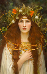 Spirit of Litha, a woman with a floral crown representing Summer Solstice. Generative AI