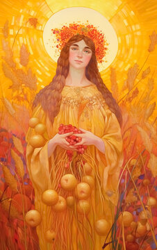 Spirit of Lammas, a woman with a her hands overflowing with fruit representing Lughnasadh. Generative AI