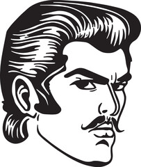 Vintage man with mustache in the style of the 60s young man. Retro comics black and white ink drawing, American cartoon advertising illustration.