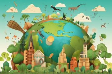 Illustration of Cityscape and Forest on Earth Day with Children Playing