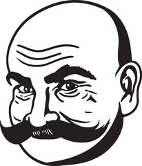 Vintage man with mustache in the style of the 60s young man. Retro comics black and white ink drawing, American cartoon advertising illustration.