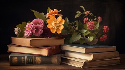 blooming flowers bouquet with vintage old book, idea for reading support, Generative Ai