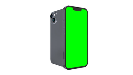 Rotated smartphone mockup front side with blank green screen and back side with dual camera module. Isolated on white background. 3D illustration.