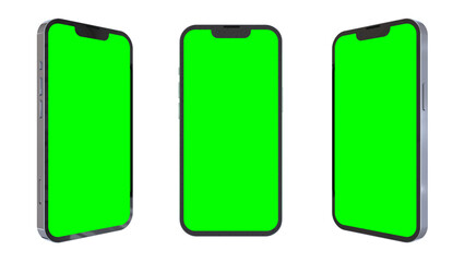 Mockup, green screen smartphone template in three different positions. 3d render.